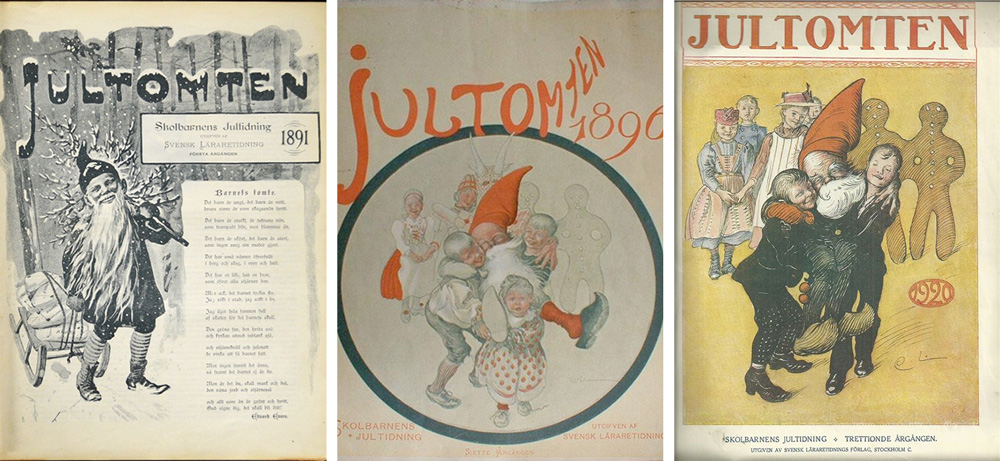 Bildblock med tre äldre illustrationer på tomtar.