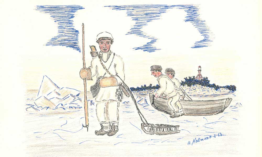 Teckning. En man med vita vinterkläder står på isen med en pik och en släde. I bakgrunden syns två män som drar upp en båt på isen.
