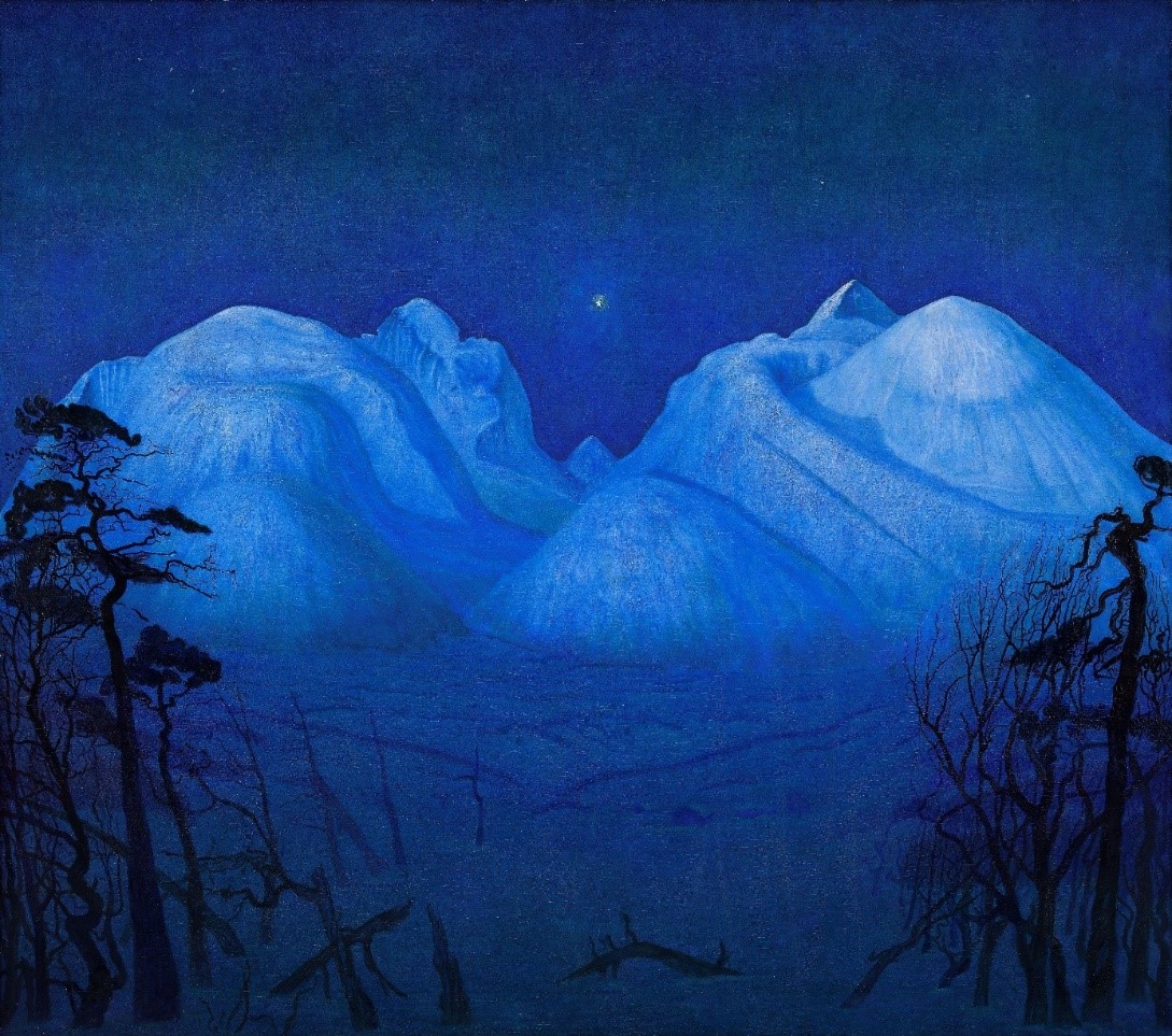 Målning i olja, blå berg och en stjärna.