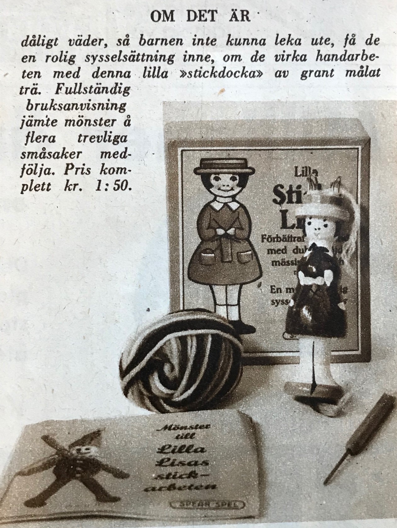 Foto på en bild i Veckojournalen 1931 på en stickdocka med medföljande ask, virknål och bruksanvisning med mönster. 