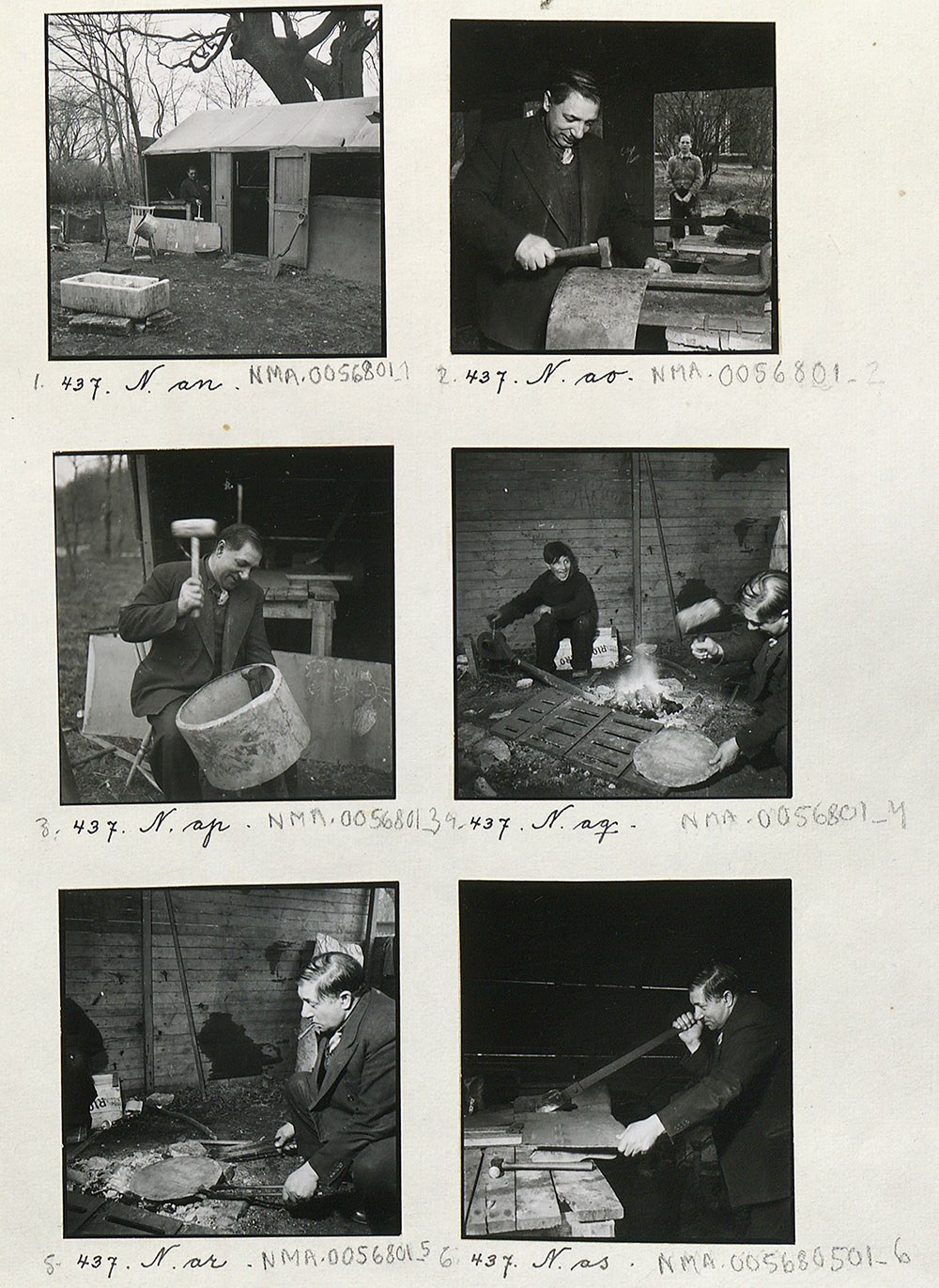 Skannat ark med sex svartvita små bilder föreställande en man som gör förtenning i olika steg.