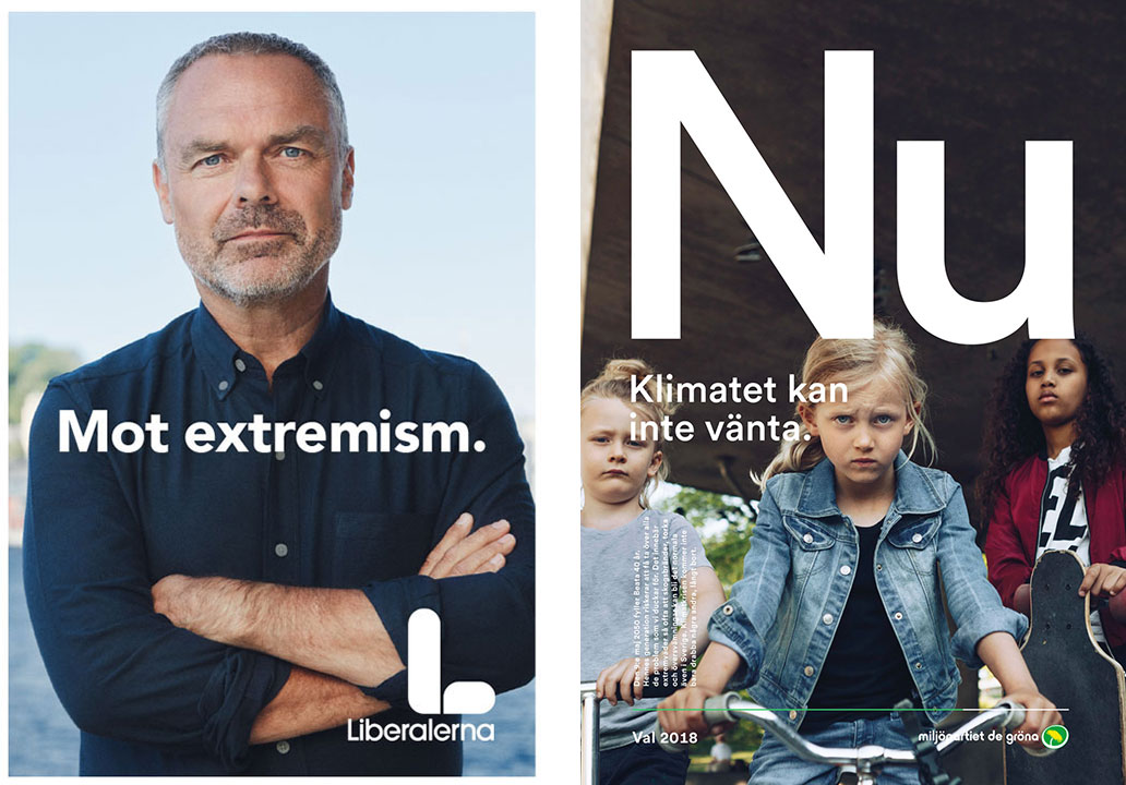Två valaffischer. På den ena, från Liberalerna, står Jan Björklund med korsade armar med texten "Mot extremism.". På den andra, från Miljöpartiet står tre barn med allvarlig uppsyn med texten "Nu. Klimatet kan inte vänta."