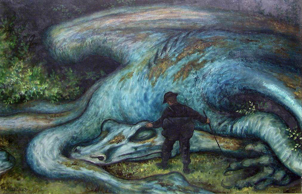 Målning föreställande en människa som står vid huvudet på en sovande drake.