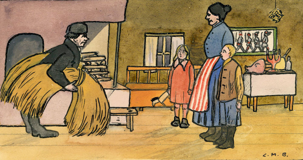Teckning föreställande man med famnen full av halm som bugar framför en kvinna och två barn i en julpyntad stuga.