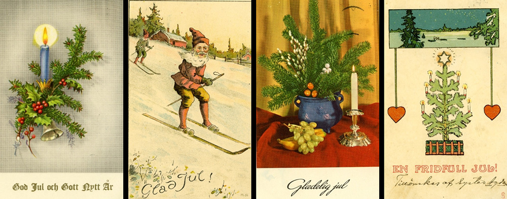 bildblock med gulnande julkort med olika typer av julhälsningar, god jul, glad jul, fridfull jul.