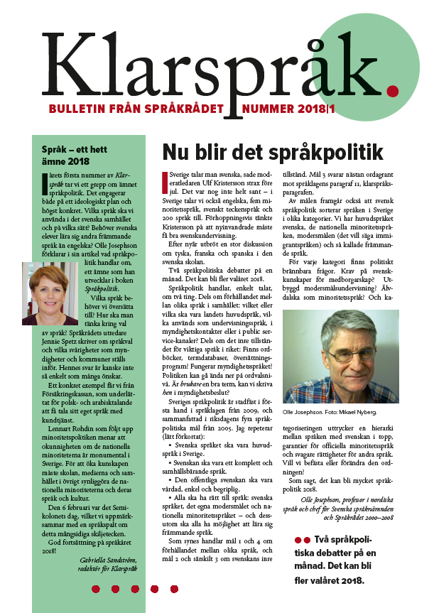 Framsidan av nummer Bulletinen Klarspråk nummer 1/2018.