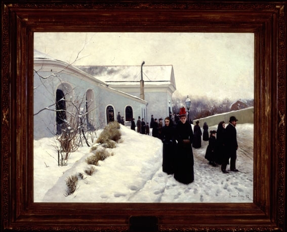 tavla föreställande människor i vinterkläder som kommer ut från en kyrka