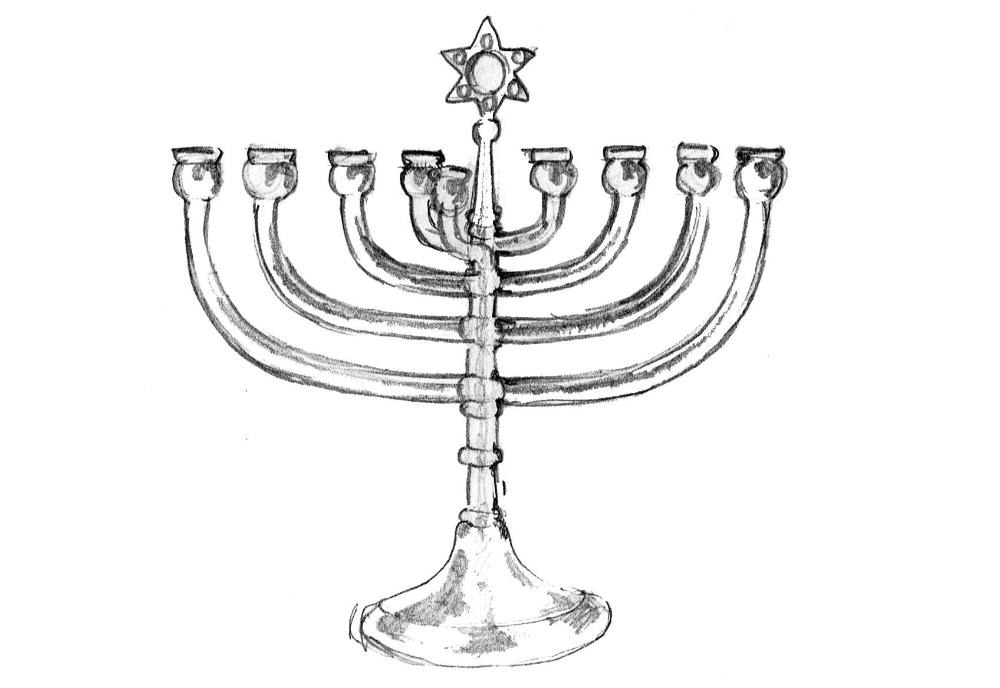 svartvit illustration av chanukkaljusstake med åtta armar