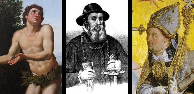 målningar föreställande den första mäniskan Adam iklädd löv, Sten Sture den äldre med handskar och svärd i händerna och porträttbild på aposteln Tomas. 