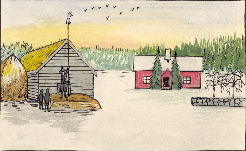 tecknad bild med en gård bestående av röd stuga och grå lada. Två män håller på att resa en lång stång med julkärve på ladan.