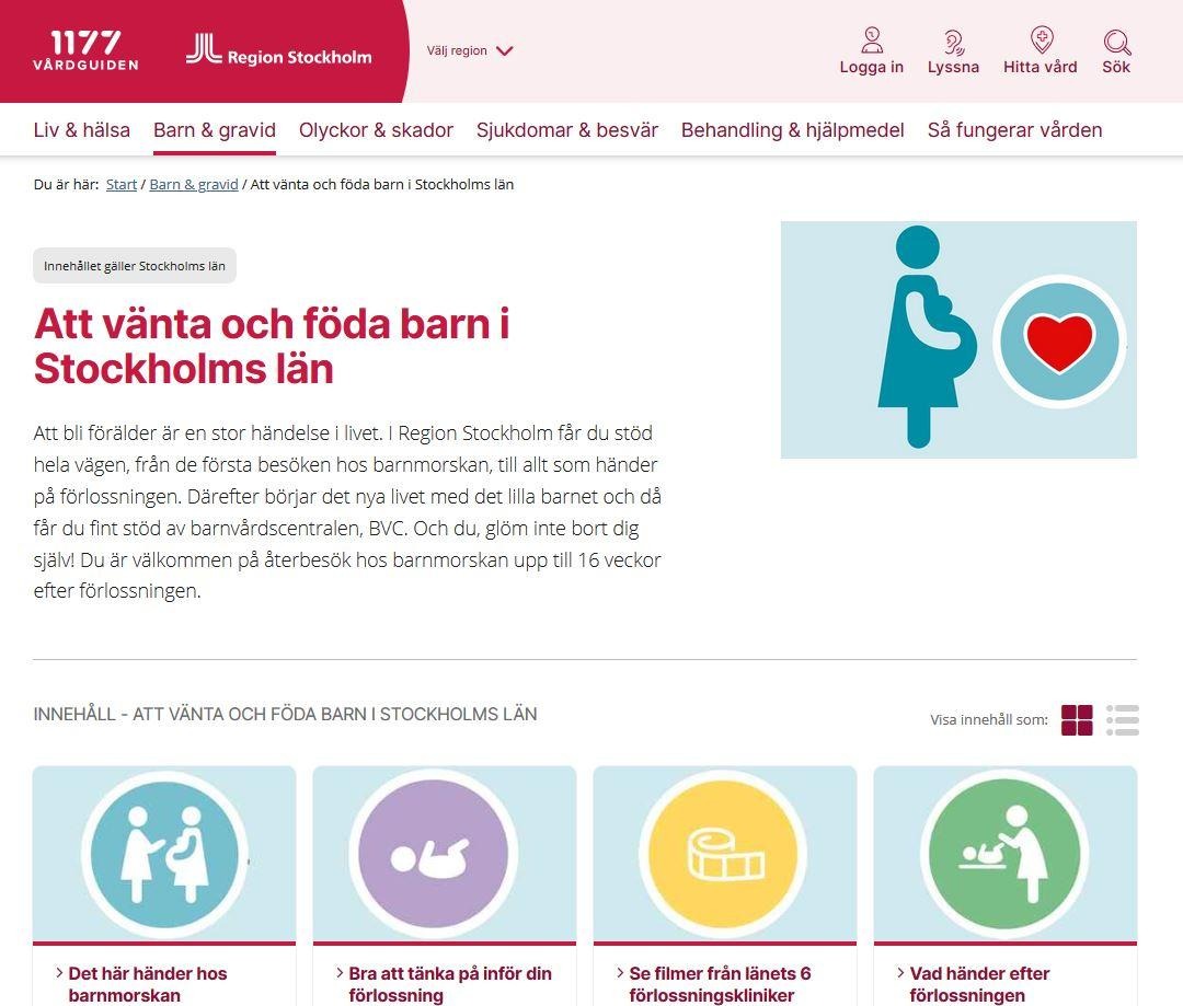 Skärmklipp av en webbsida om att vänta barn, från vårdguiden 1177.se.