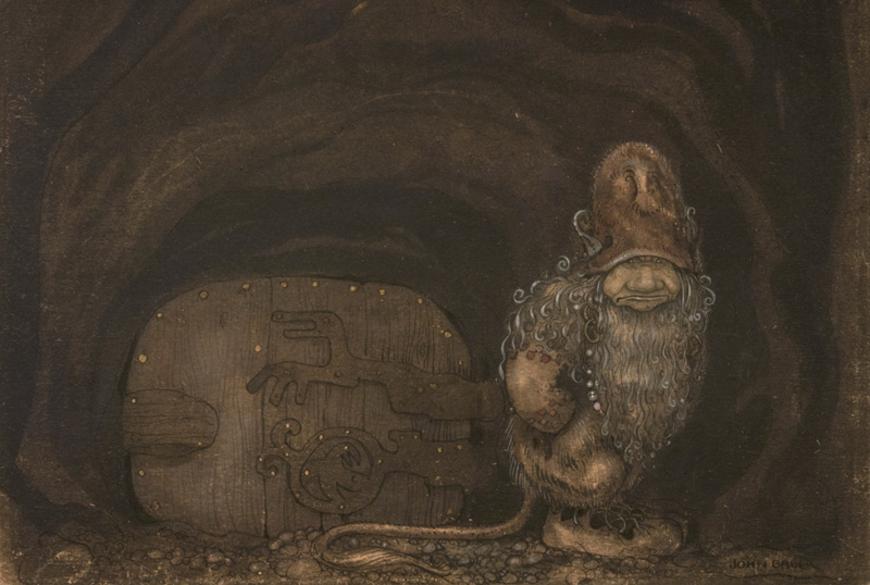 Akvarellmålning i bruna färger, föreställande ett troll med stort skägg, svans och luva utanför något som ser ut som en förseglad port inuti en trädstam.