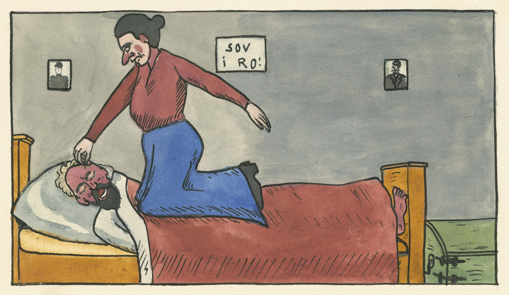 teckning. kvinna som sitter grensle över en sovande man