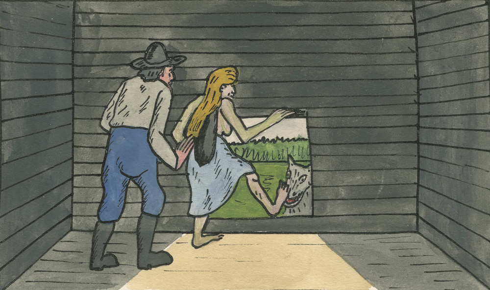 Tecknad bild. Kvinna som står i en träbyggnad och sticker ut foten mot en varg genom en dörröppning. Bakom henne står en man och tittar på.