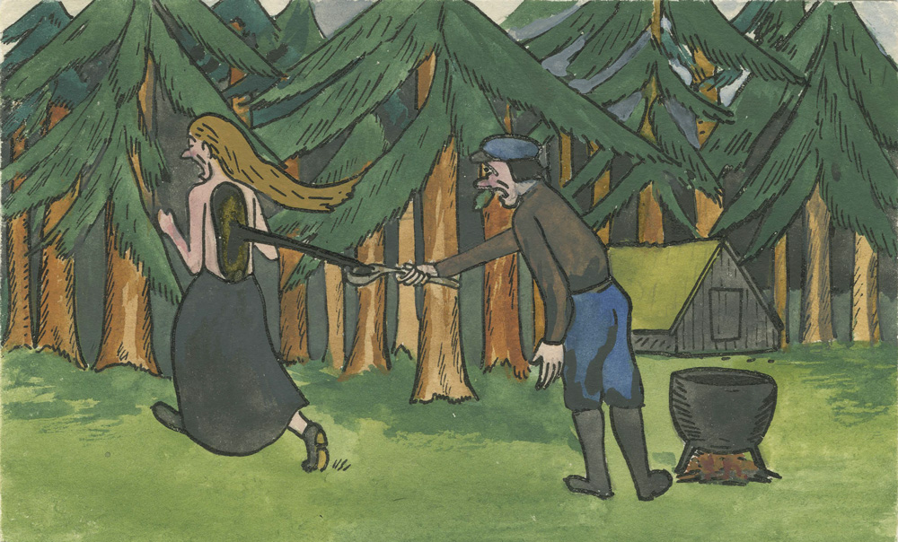 Teckning. Man som häller en skopa tjära efter en kvinna med murken rygg som springer in i skogen.