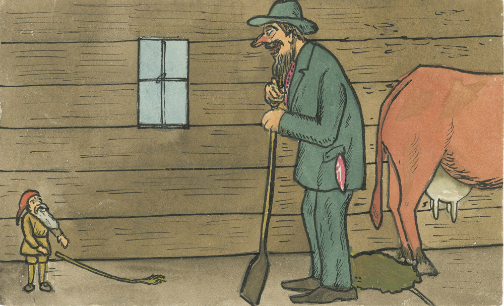 Tecknad bild. Liten tomtegubbe som står i ett stall och håller i ett stort halmstrå samtidigt som han talar med en man som står lutad över en spade.