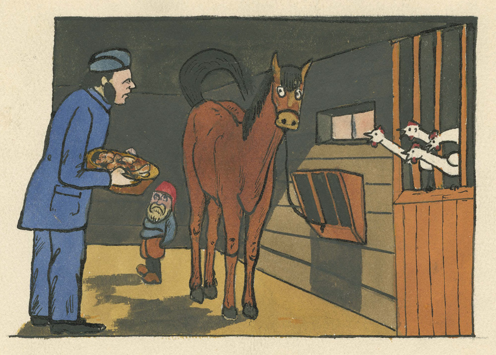 Tecknad bild. En man som kommer in i ett stall med ett fat mat. I stallet finns gäss, en häst och en tomtegubbe.
