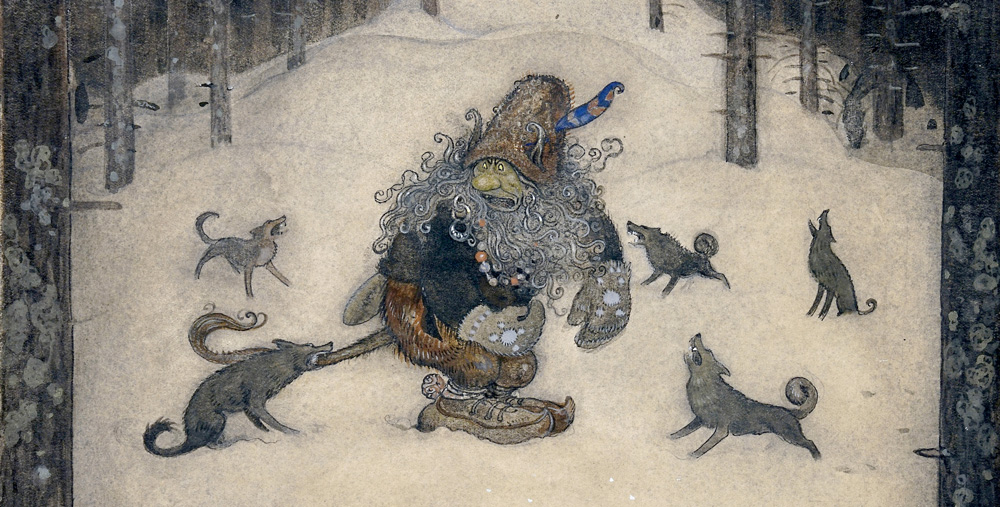 Akvarellmålning föreställande ett troll omringat av fem vargar. Skog runtomkring.