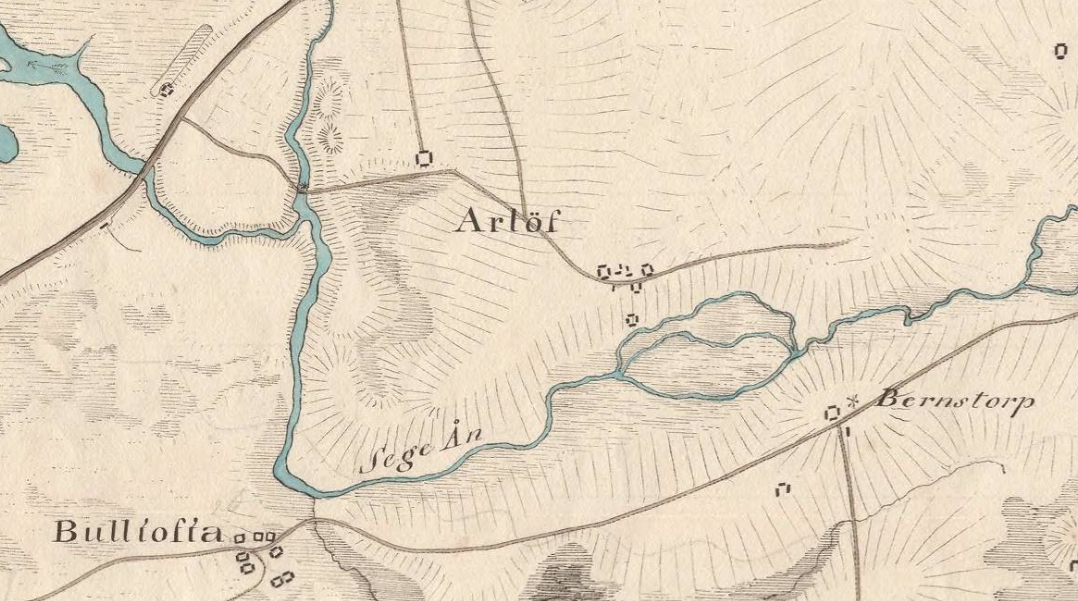 Bilden är ett utsnitt ut en äldre karta med blakgul botten och vattendrag markerade med blått. Man ser tydligt Namnen Arlöf och Sege Ån.