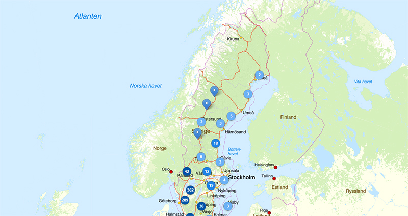 En karta på Sverige med runda markeringar på olika platser. 