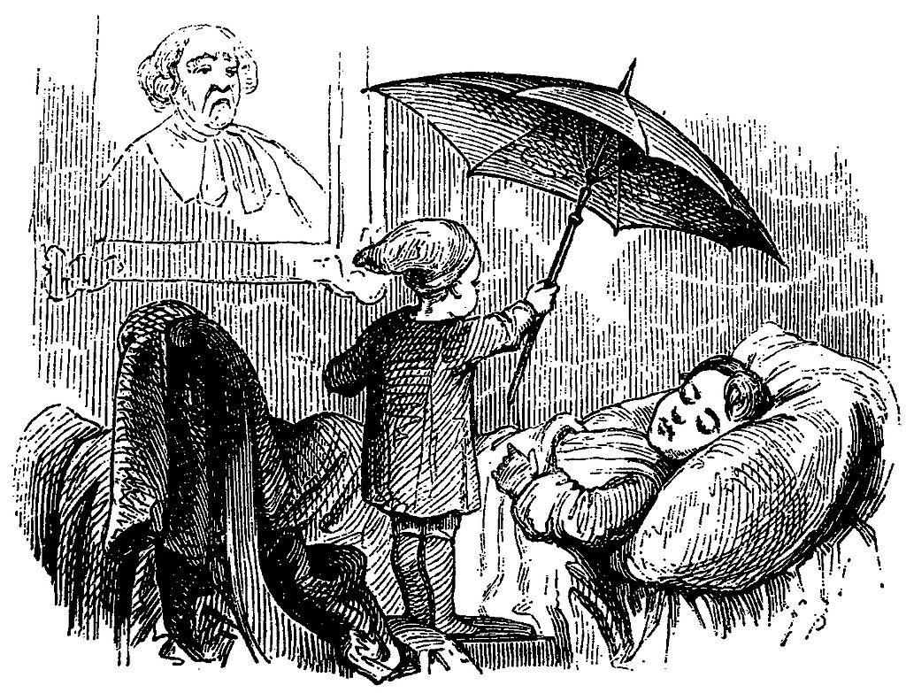 Svartvit illustration föreställande liten pojke med luva och paraply som står vid ett sovande barn.