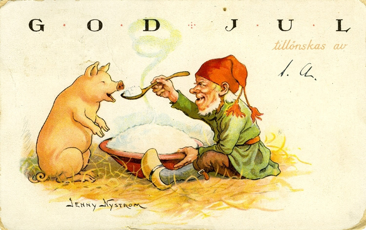 Vykort föreställande en tomte i röd luva som matar en gris från en stor grötskål som står mellan dem.