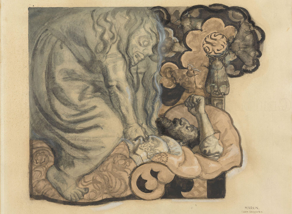 Tecknad bild i färg föreställande kvinnligt väsen som sitter på bröstkorgen på en oroligt sovande man.