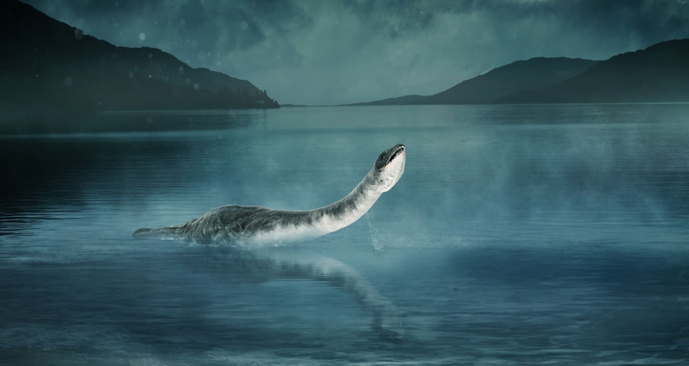 Animerad bild föreställande dinosaurieliknande sjöodjur i vatten.