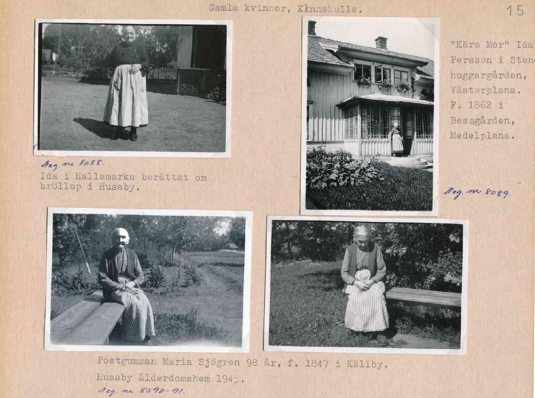 Gulnat arkivblad med svartvita fotografier på äldre kvinnor och kortfattade tillhörande bildtexter. 