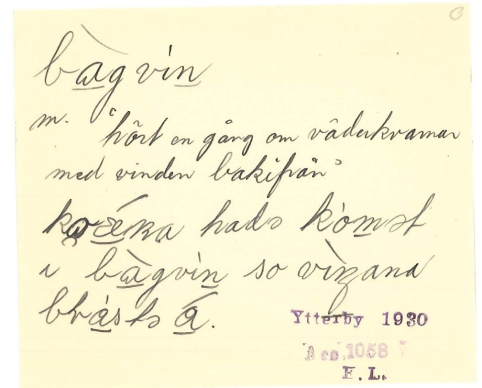 Bild på handskriven lapp med ordet bakvind upptecknat av Erik Larsson. 