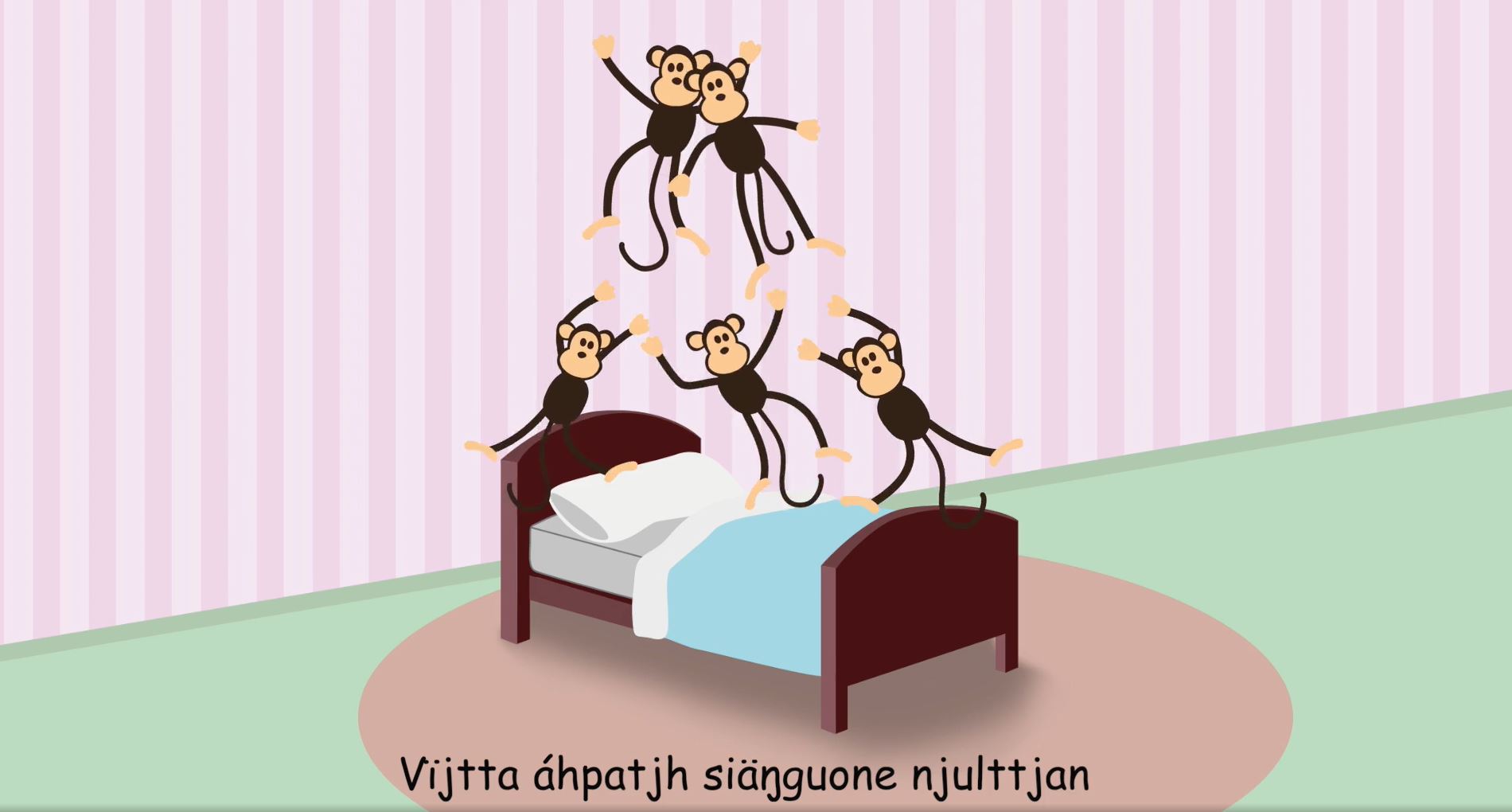 Teckning med fem apor som hoppar i en säng.
