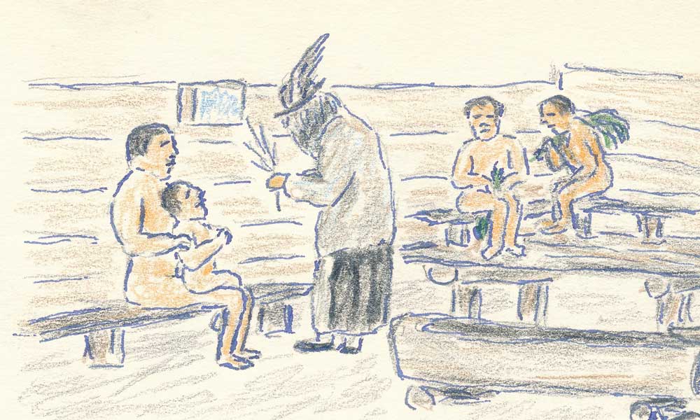 Teckning. Tre män sitter i en bastu. En av männen har ett barn i knät och framför dem står en utklädd figur med hög hatt och risknippe i handen.