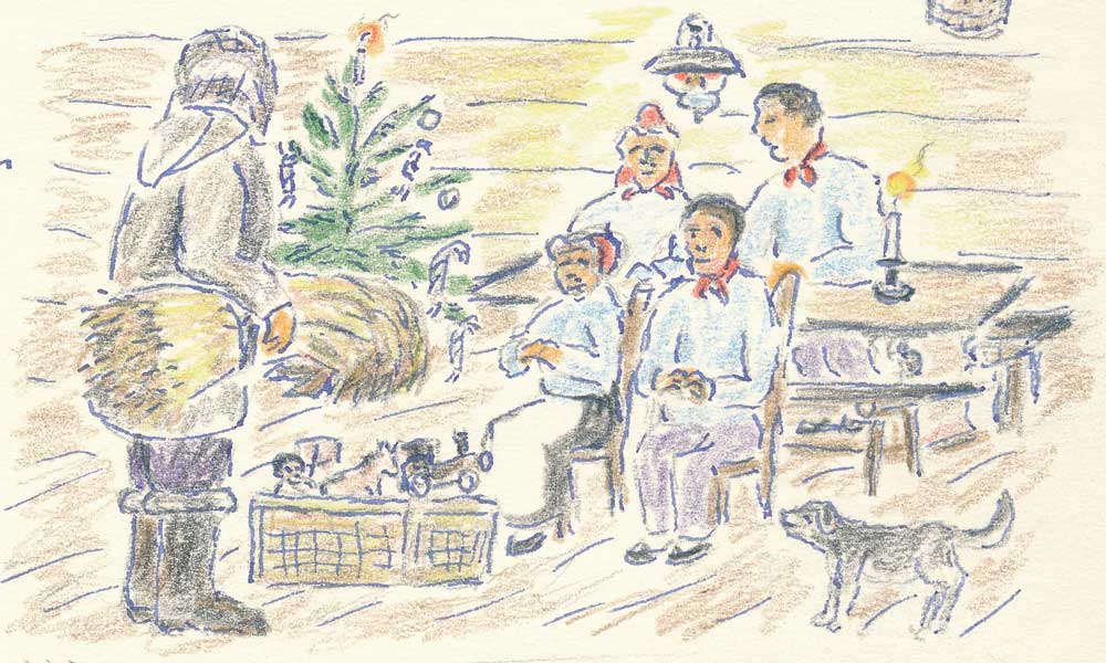 Teckning. Familj sitter vid bord och framför dem står en utklädd figur med en halmkärve under armen och framför denne står en stor korg. En julgran syns i bakgrunden.