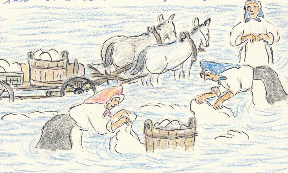Teckning. Tre kvinnor står med vatten upp över knäna och sköljer tvätt. Vid dem står en kärra spänd efter två hästar, och på kärran står tunnor med kläder.