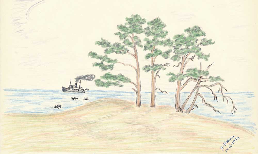 Teckning. En strand med ett träd och havet i bakgrunden där en större båt syns långt borta.