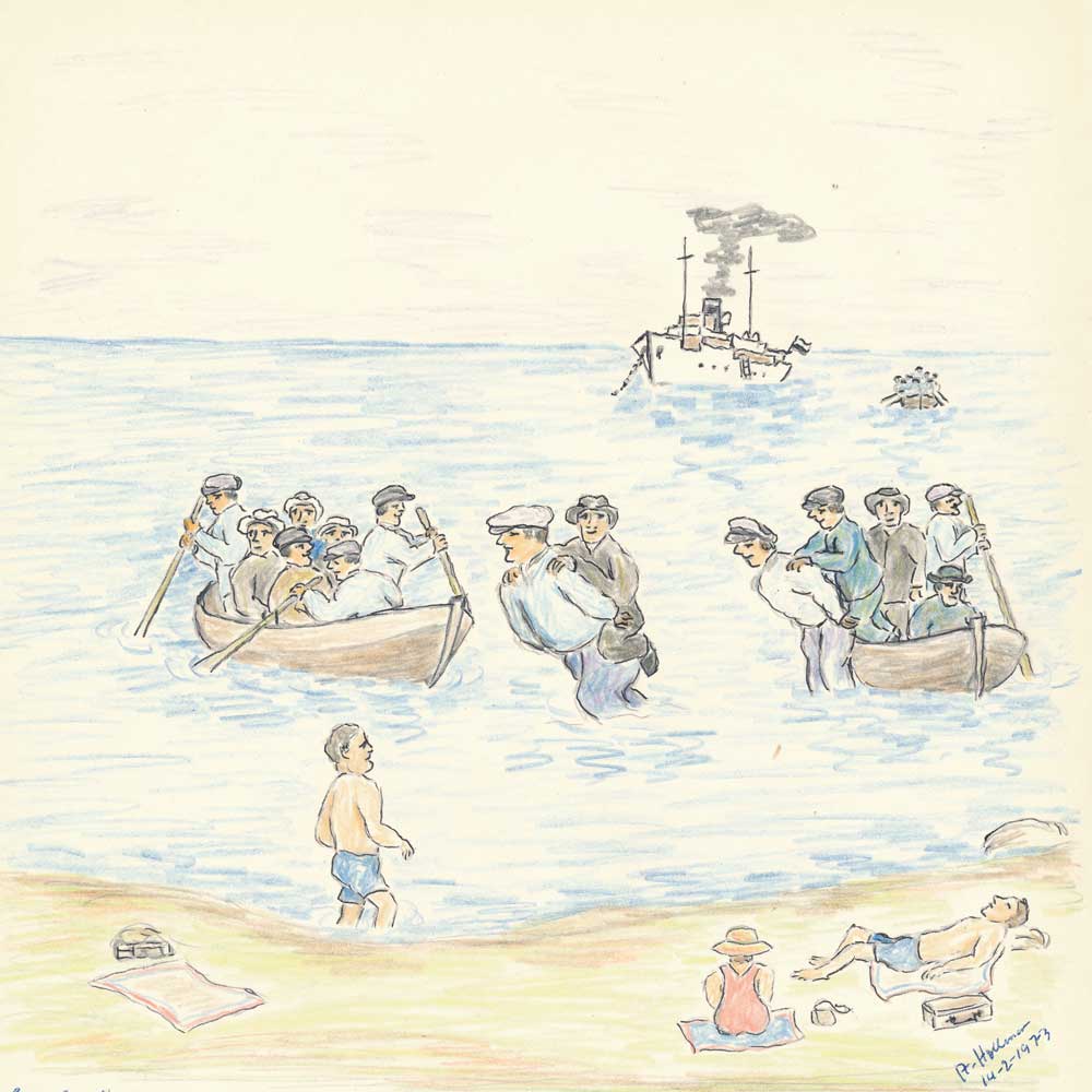 Teckning. Två roddbåtar med folk närmar sig land och en man bär en man på ryggen. I förgrunden syns solande turister, och i bakgrunden på havet en ångbåt och en roddbåt.