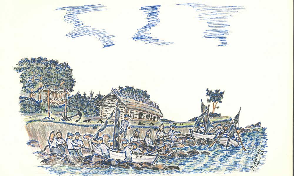 Teckning föreställande män och kvinnor som drar upp två båtar på stranden vid vattnet.