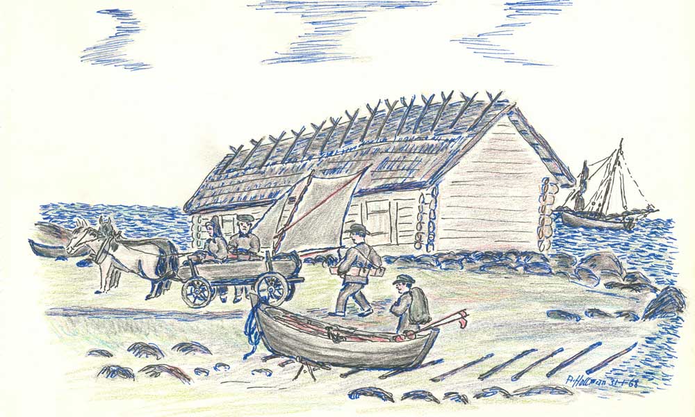 Teckning. Ett trähus på en strand. Framför huset står en vagn dragen av två hästar med en kvinna vid tömmarna. En man håller på att lasta vagnen. Två andra män med packning och utrustning går från en på land uppdragen liten båt mot kärran. I bakgrunden syns en båt på havet.