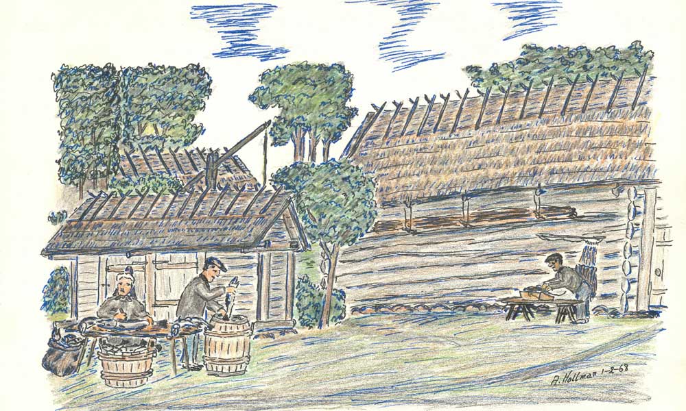 Teckning. En kvinna och två män arbetar på gårdsplan framför ett hus. Kvinnan står vid ett bord och rensar fisk, en man står bredvid och lägger fisk i tunna. Vid husväggen står en man och arbetar med fiskeutrustningen.