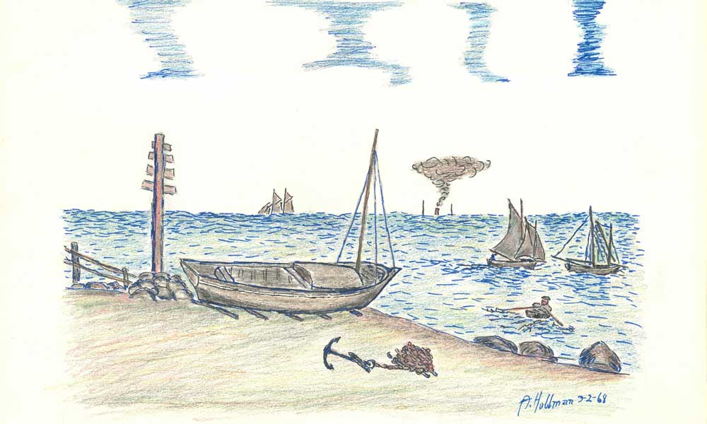 Teckning. Båt ligger uppdragen på stranden, på vattnet i bakgrunden syns fler båtar på längre håll.