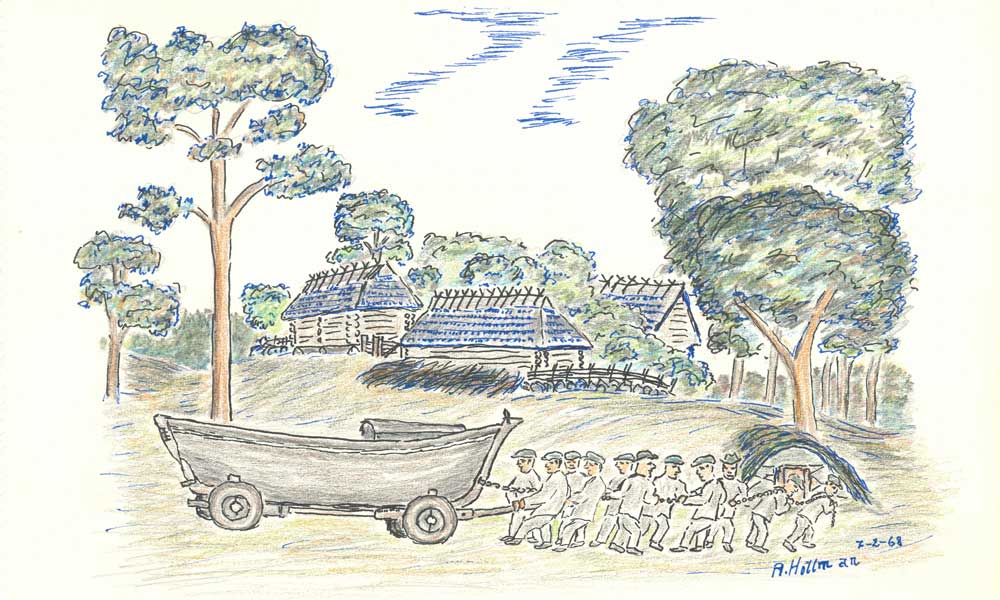 Teckning. En stor grupp män drar en båt på en kärra. I bakgrunden syns en gård med en grupp trähus.