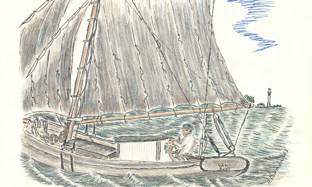 Teckning. Man står vid rodret på större båt med vita segel.
