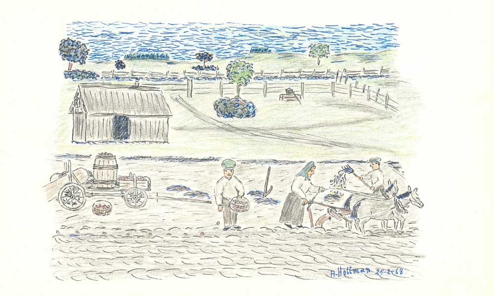Teckning med en kvinna och två män som arbetar på en åker. Kvinnan kör en plog efter två hästar. I bakgrunden syns en gård och längre bort havet. 
