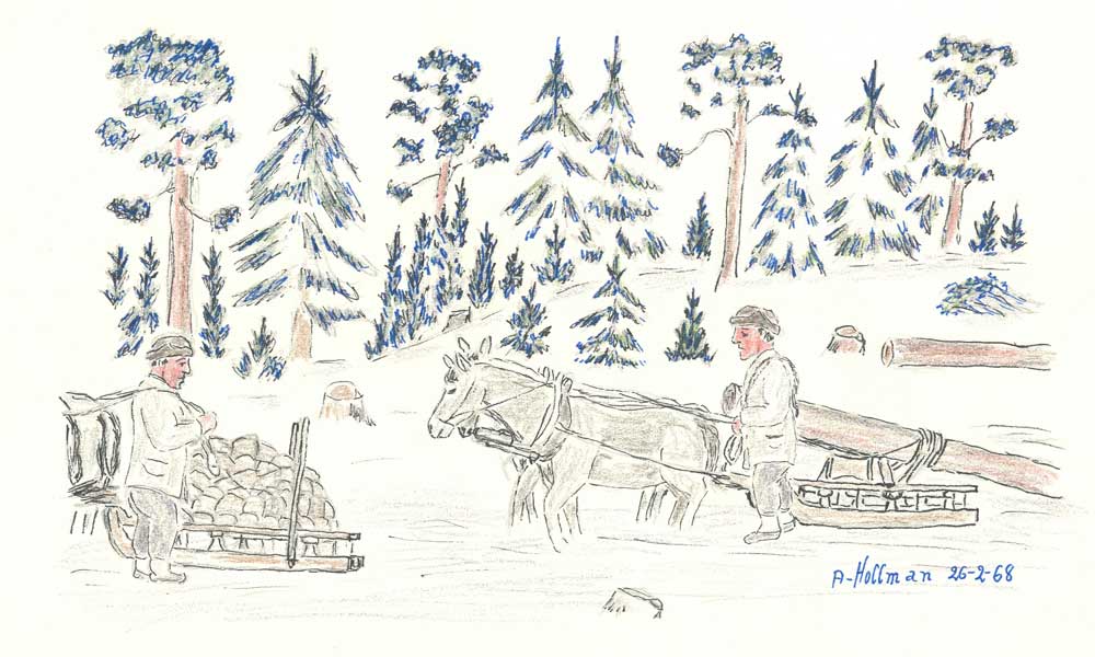 Teckning. Två män arbetar i skogen i vinterväder. Den ena kör en fullastad släde efter två hästar, den andra står med ryggsäck vid en annan fullastad släde. På marken syns fällda träd.
