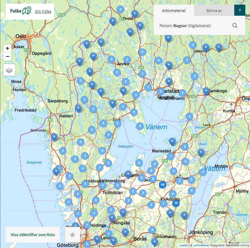 Bild på en karta där Ragnar Nilssons uppteckningar finns utmärkta (Isofs digitala arkivtjänst Folke).