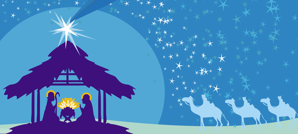 Tecknad bild i blå nyanser med konturerna av barnet i stallet och Betlehems stjärna. Längre bort syns de tre vise männen som närmar sig stallet. 