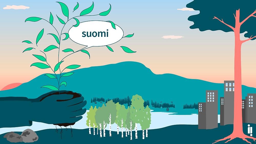 Illustration som visar ett naturlandskap i bakgrunden och två händer som håller i en planta med en pratbubbla där det står suomi. 