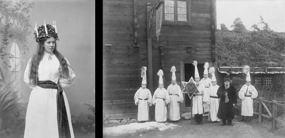 Svartvita fotografier föreställande lucia med ljuskrona och stjärngosseklädda pojkar utanför en träbyggnad. 