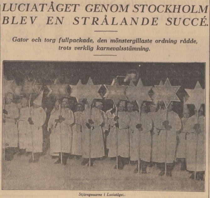 Tidningsklipp med rubriken "Luciatåget genom Stockholm blev en strålande succé". På sidan även en bild på stjärngossar.