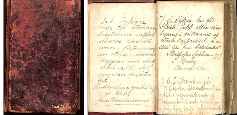 Kopierad handskriven bok - bokomslag samt ett uppslag med anteckningar.